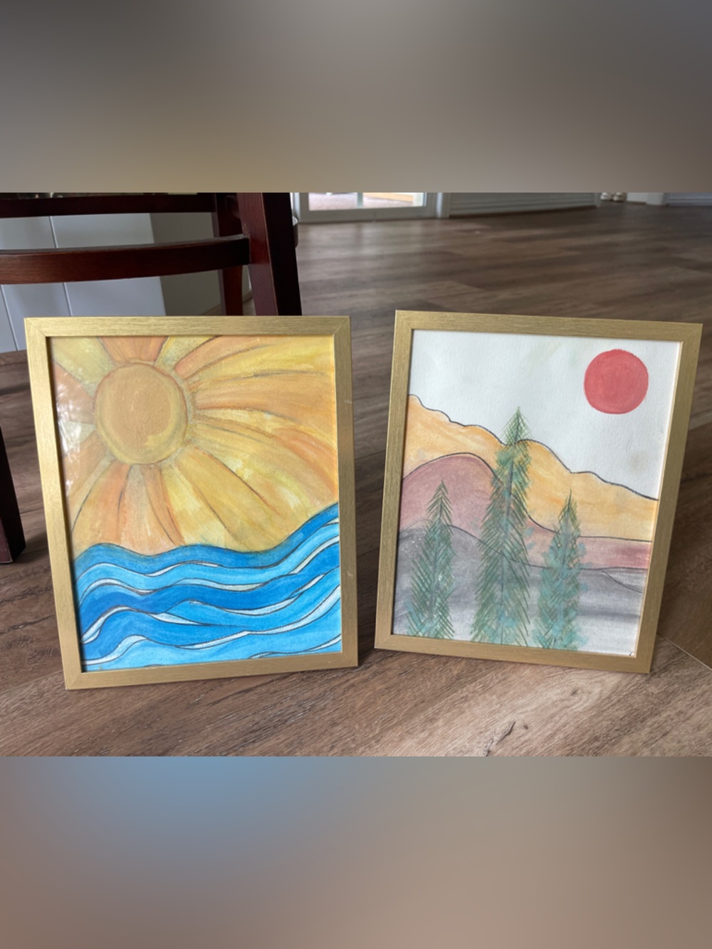 Handcrafted Sun & Landscape Framed Art Prints in Blue, Yellow, Green and Red